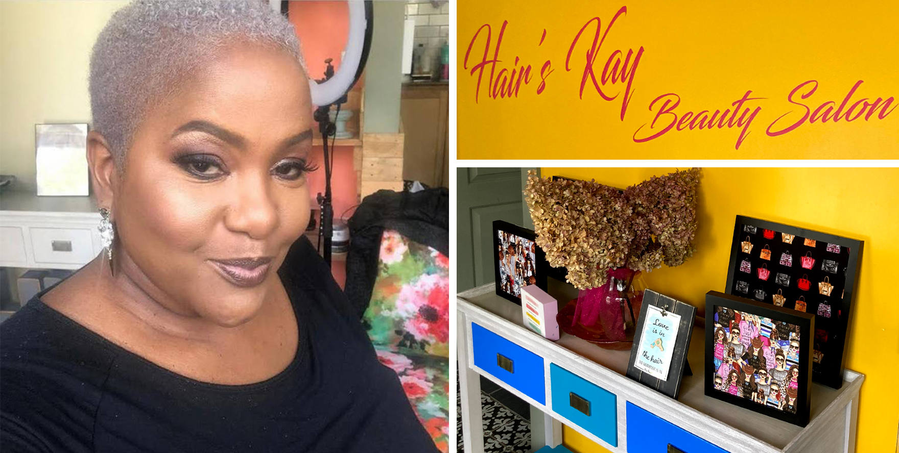 Hair's Kay Photo of Kay of Hair's Kay and the interior of the beauty salon with its logo.